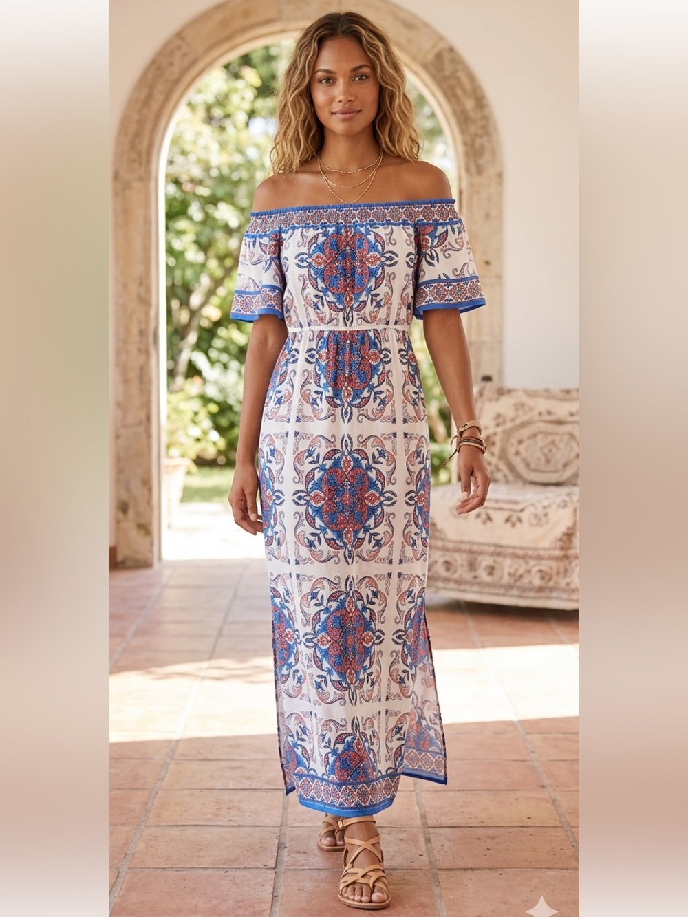 Flying Tomato bohemian short sleeve off the shoulder ruffle maxi dress